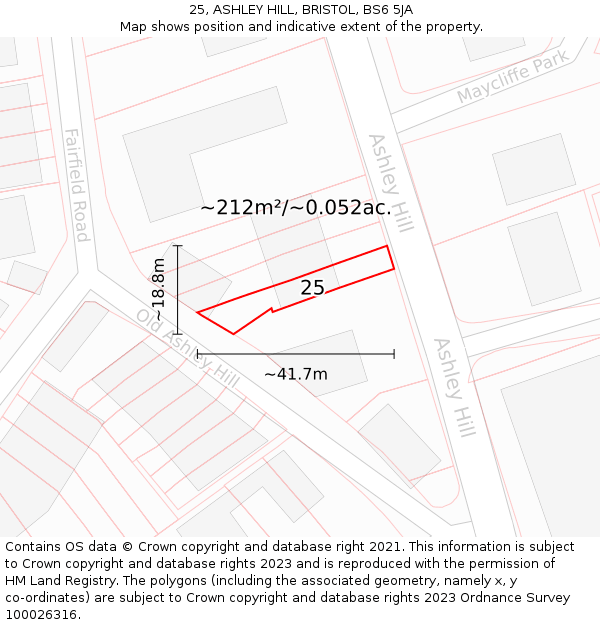 25, ASHLEY HILL, BRISTOL, BS6 5JA: Plot and title map