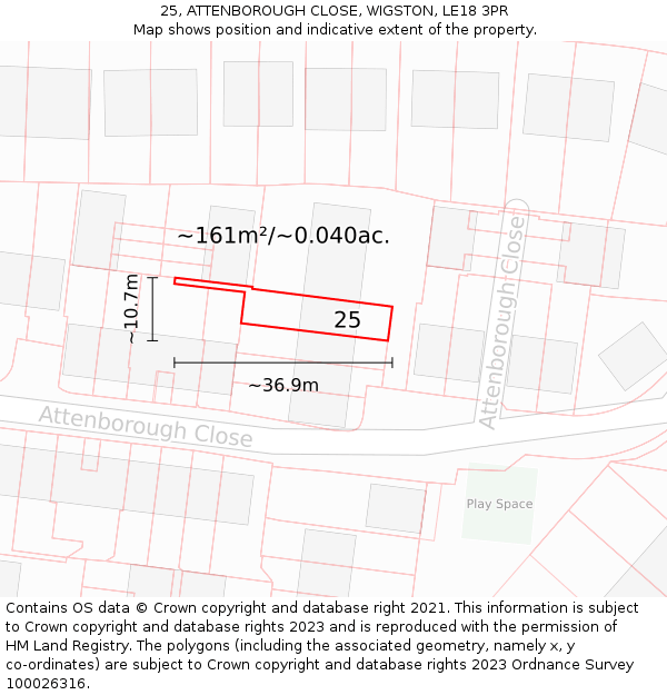 25, ATTENBOROUGH CLOSE, WIGSTON, LE18 3PR: Plot and title map