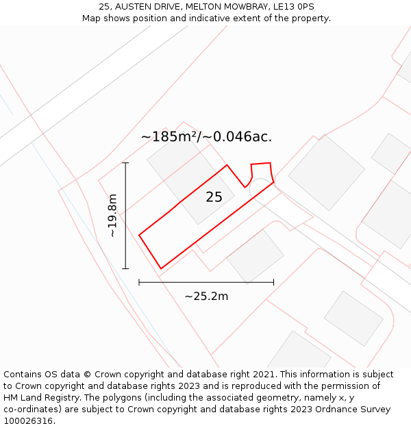 25, AUSTEN DRIVE, MELTON MOWBRAY, LE13 0PS: Plot and title map