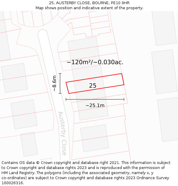 25, AUSTERBY CLOSE, BOURNE, PE10 9HR: Plot and title map