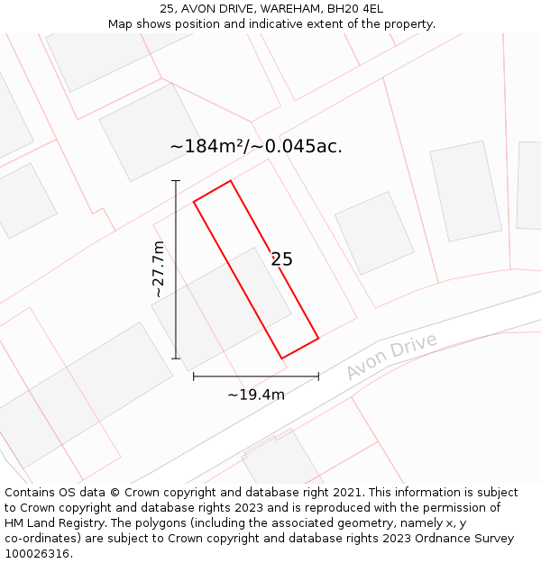 25, AVON DRIVE, WAREHAM, BH20 4EL: Plot and title map