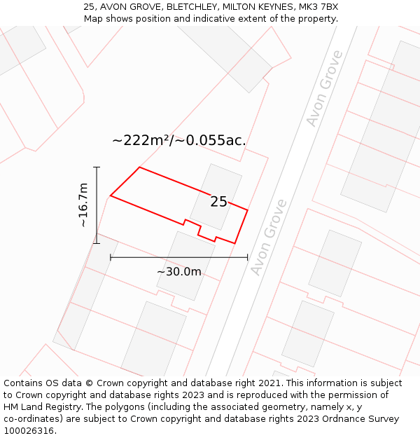25, AVON GROVE, BLETCHLEY, MILTON KEYNES, MK3 7BX: Plot and title map