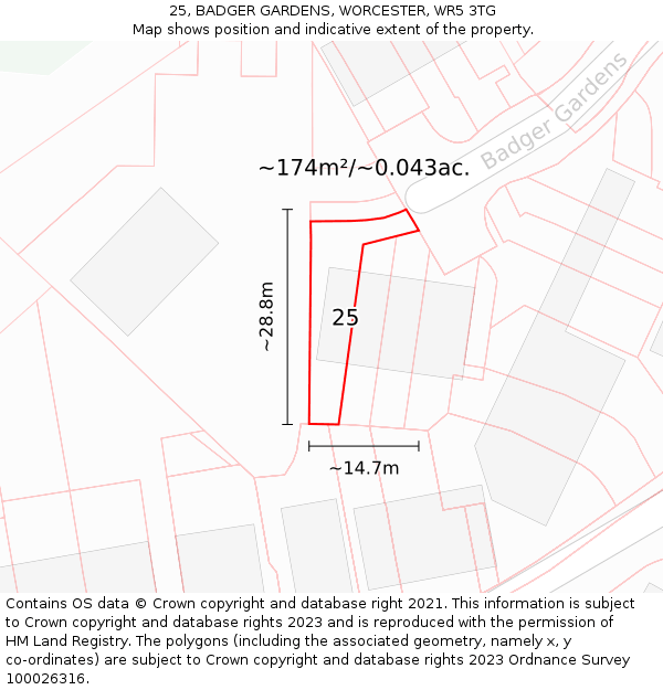 25, BADGER GARDENS, WORCESTER, WR5 3TG: Plot and title map