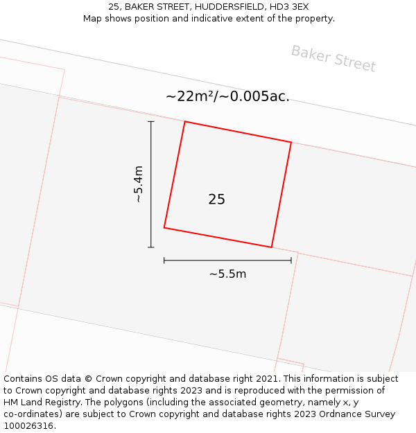 25, BAKER STREET, HUDDERSFIELD, HD3 3EX: Plot and title map