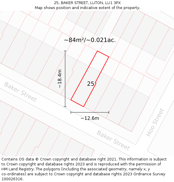 25, BAKER STREET, LUTON, LU1 3PX: Plot and title map
