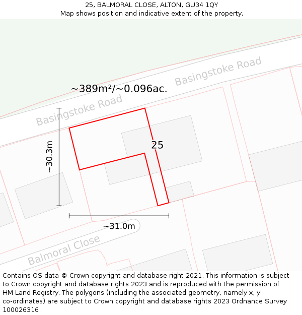 25, BALMORAL CLOSE, ALTON, GU34 1QY: Plot and title map