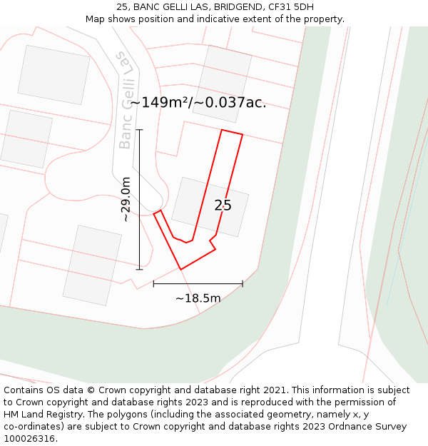 25, BANC GELLI LAS, BRIDGEND, CF31 5DH: Plot and title map