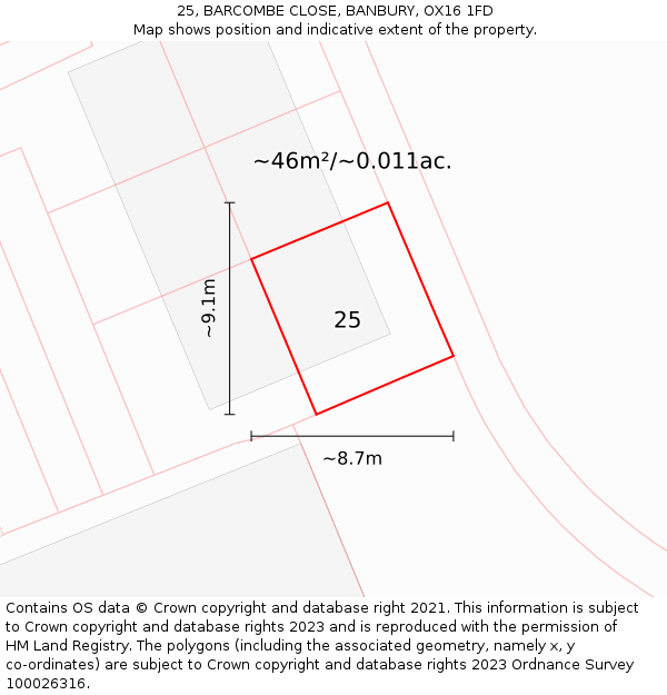 25, BARCOMBE CLOSE, BANBURY, OX16 1FD: Plot and title map