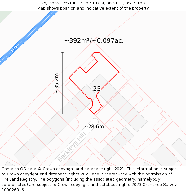 25, BARKLEYS HILL, STAPLETON, BRISTOL, BS16 1AD: Plot and title map
