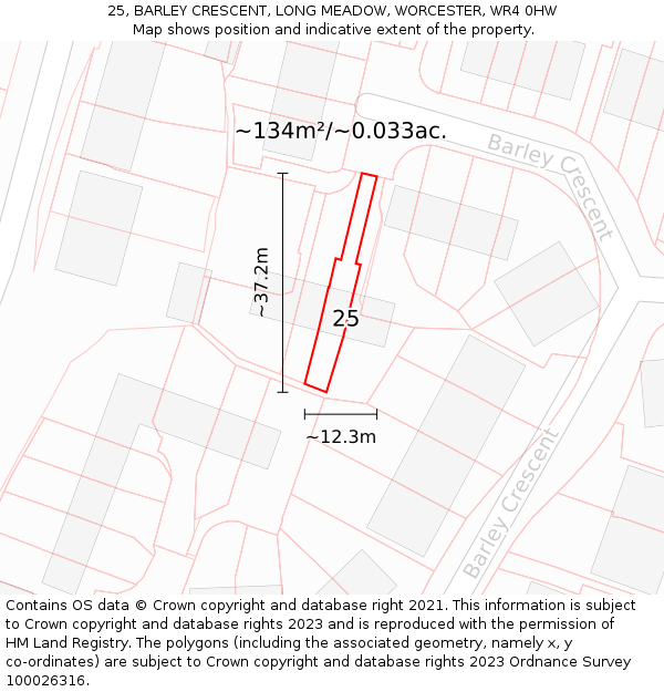 25, BARLEY CRESCENT, LONG MEADOW, WORCESTER, WR4 0HW: Plot and title map