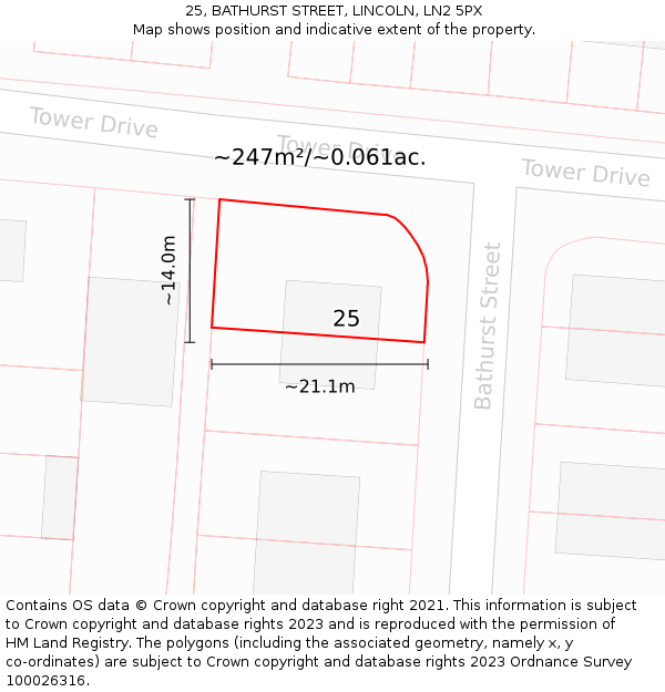 25, BATHURST STREET, LINCOLN, LN2 5PX: Plot and title map