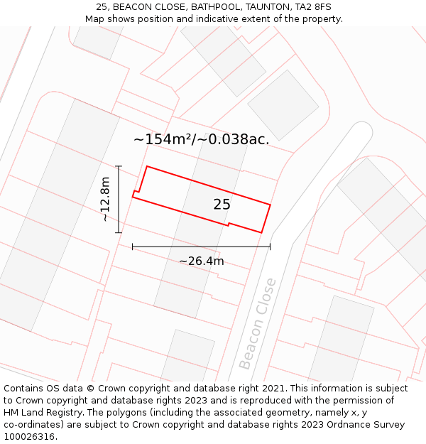 25, BEACON CLOSE, BATHPOOL, TAUNTON, TA2 8FS: Plot and title map