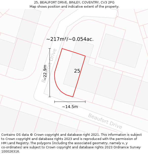 25, BEAUFORT DRIVE, BINLEY, COVENTRY, CV3 2PG: Plot and title map