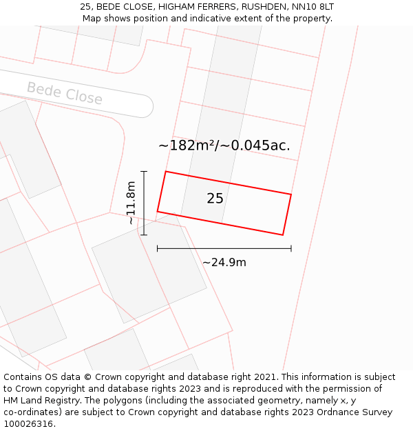 25, BEDE CLOSE, HIGHAM FERRERS, RUSHDEN, NN10 8LT: Plot and title map