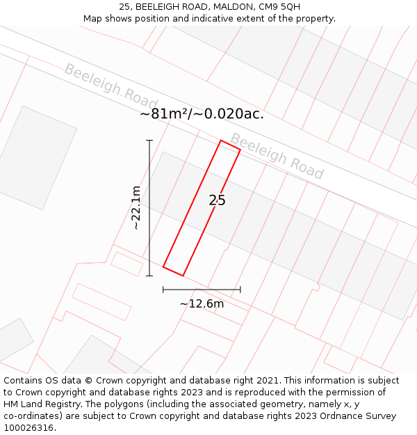 25, BEELEIGH ROAD, MALDON, CM9 5QH: Plot and title map