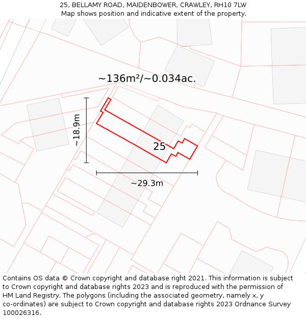 25, BELLAMY ROAD, MAIDENBOWER, CRAWLEY, RH10 7LW: Plot and title map