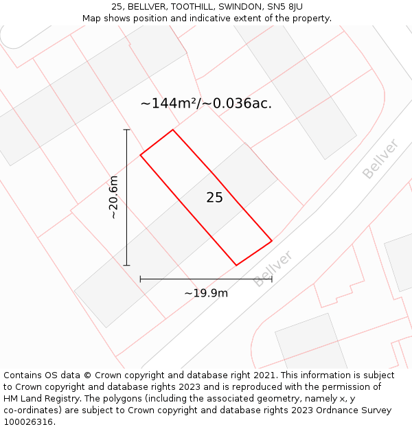 25, BELLVER, TOOTHILL, SWINDON, SN5 8JU: Plot and title map