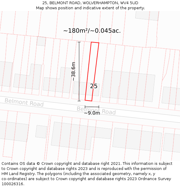 25, BELMONT ROAD, WOLVERHAMPTON, WV4 5UD: Plot and title map