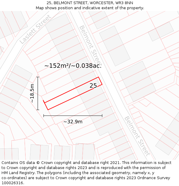 25, BELMONT STREET, WORCESTER, WR3 8NN: Plot and title map