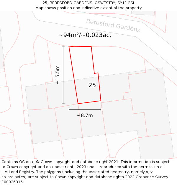 25, BERESFORD GARDENS, OSWESTRY, SY11 2SL: Plot and title map