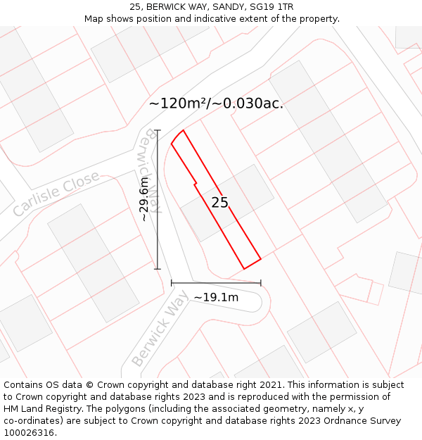 25, BERWICK WAY, SANDY, SG19 1TR: Plot and title map
