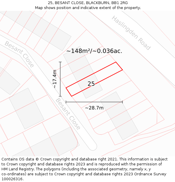 25, BESANT CLOSE, BLACKBURN, BB1 2RG: Plot and title map
