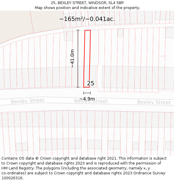25, BEXLEY STREET, WINDSOR, SL4 5BP: Plot and title map