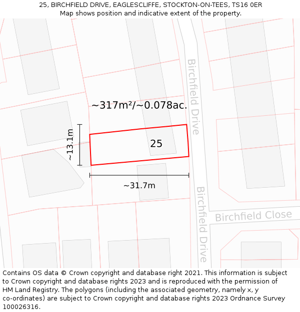 25, BIRCHFIELD DRIVE, EAGLESCLIFFE, STOCKTON-ON-TEES, TS16 0ER: Plot and title map