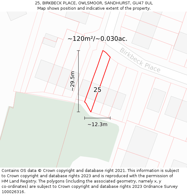 25, BIRKBECK PLACE, OWLSMOOR, SANDHURST, GU47 0UL: Plot and title map