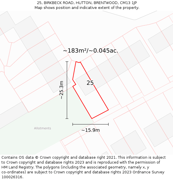25, BIRKBECK ROAD, HUTTON, BRENTWOOD, CM13 1JP: Plot and title map