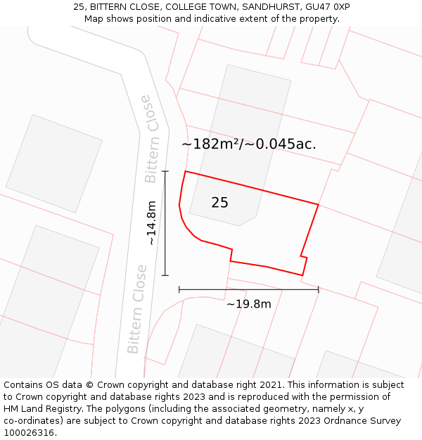 25, BITTERN CLOSE, COLLEGE TOWN, SANDHURST, GU47 0XP: Plot and title map