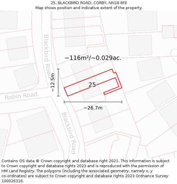 25, BLACKBIRD ROAD, CORBY, NN18 8FE: Plot and title map