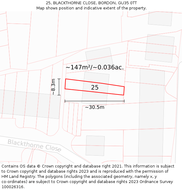 25, BLACKTHORNE CLOSE, BORDON, GU35 0TT: Plot and title map