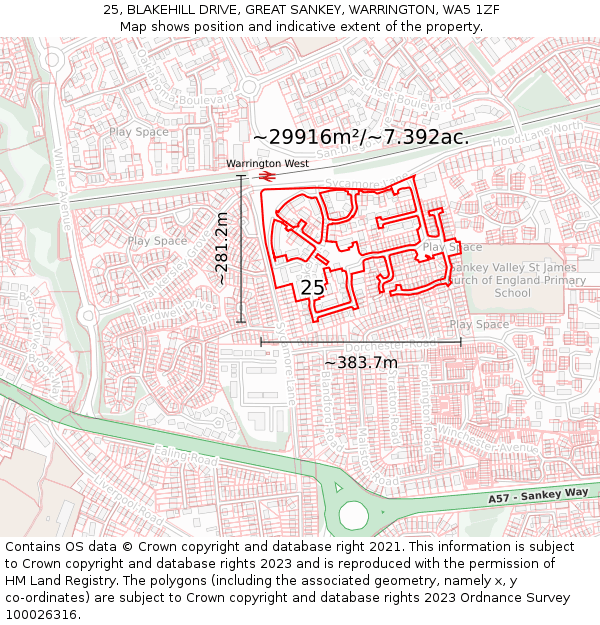 25, BLAKEHILL DRIVE, GREAT SANKEY, WARRINGTON, WA5 1ZF: Plot and title map