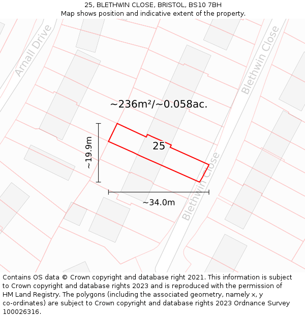 25, BLETHWIN CLOSE, BRISTOL, BS10 7BH: Plot and title map