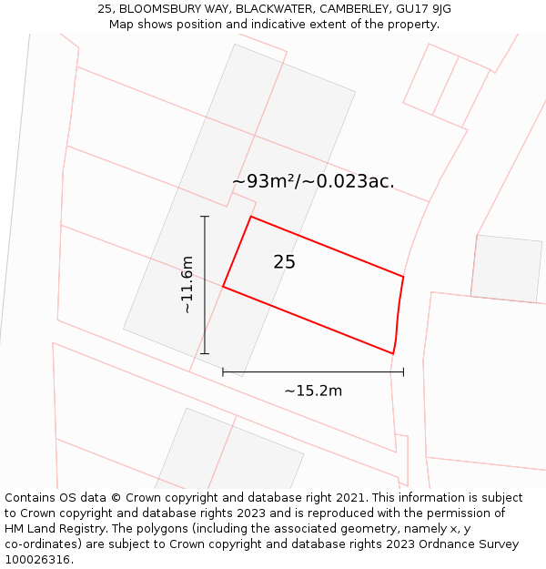 25, BLOOMSBURY WAY, BLACKWATER, CAMBERLEY, GU17 9JG: Plot and title map