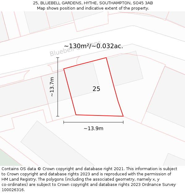 25, BLUEBELL GARDENS, HYTHE, SOUTHAMPTON, SO45 3AB: Plot and title map