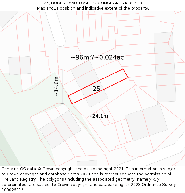 25, BODENHAM CLOSE, BUCKINGHAM, MK18 7HR: Plot and title map