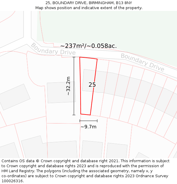 25, BOUNDARY DRIVE, BIRMINGHAM, B13 8NY: Plot and title map