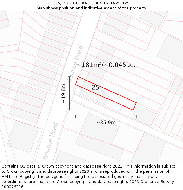 25, BOURNE ROAD, BEXLEY, DA5 1LW: Plot and title map