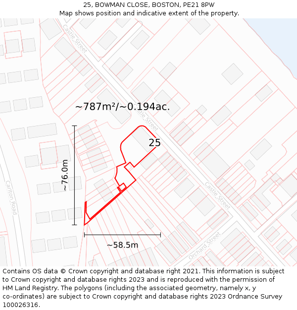 25, BOWMAN CLOSE, BOSTON, PE21 8PW: Plot and title map