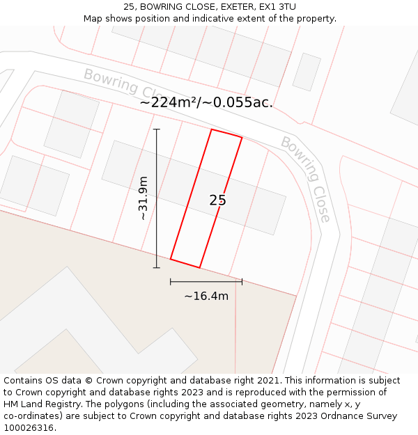 25, BOWRING CLOSE, EXETER, EX1 3TU: Plot and title map