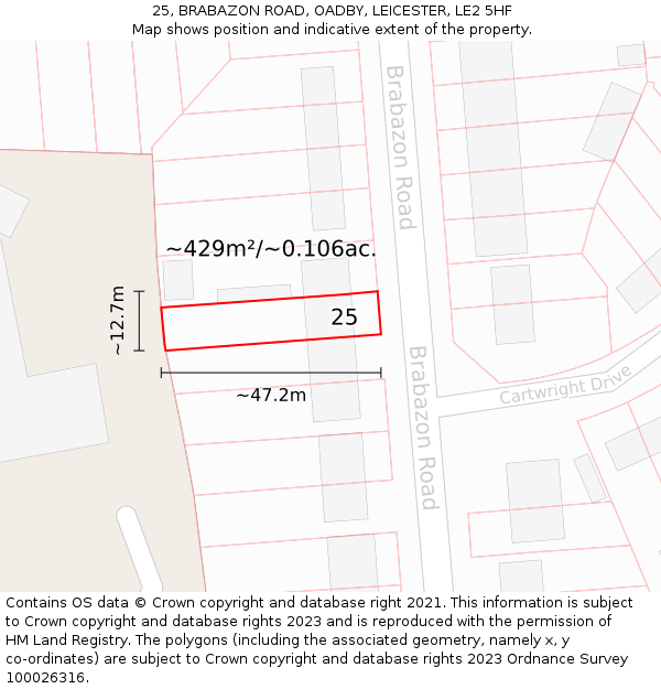 25, BRABAZON ROAD, OADBY, LEICESTER, LE2 5HF: Plot and title map