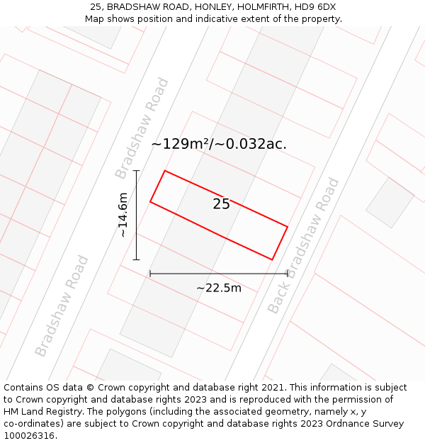 25, BRADSHAW ROAD, HONLEY, HOLMFIRTH, HD9 6DX: Plot and title map