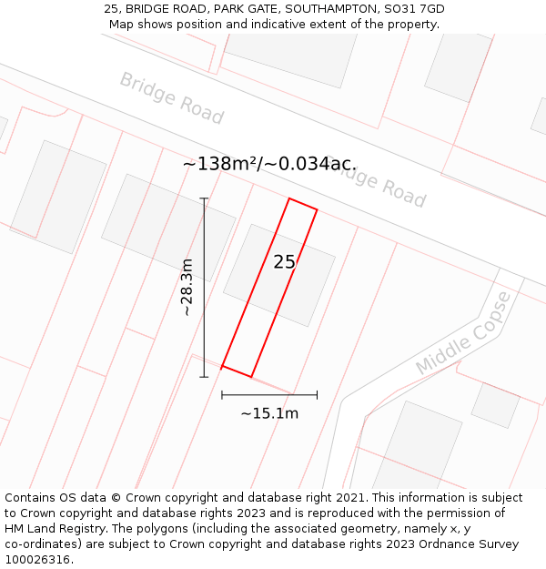 25, BRIDGE ROAD, PARK GATE, SOUTHAMPTON, SO31 7GD: Plot and title map