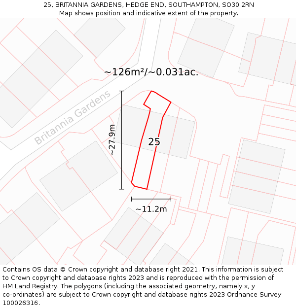 25, BRITANNIA GARDENS, HEDGE END, SOUTHAMPTON, SO30 2RN: Plot and title map