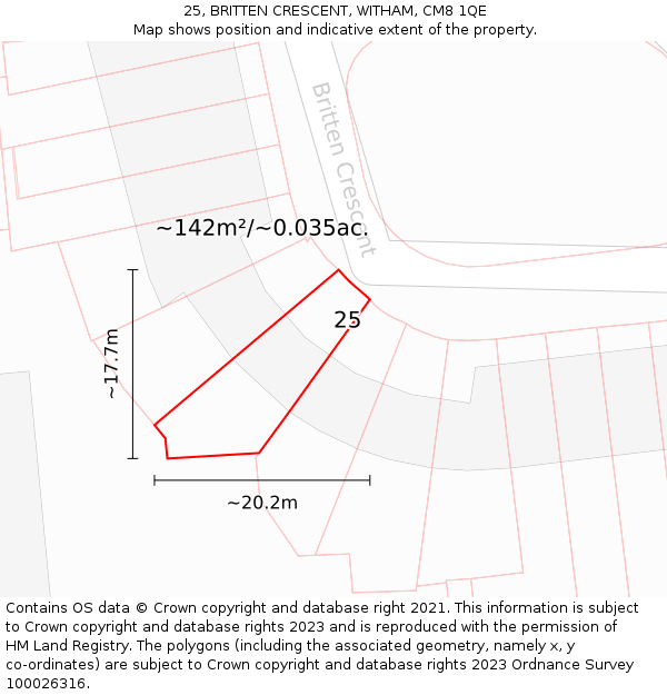 25, BRITTEN CRESCENT, WITHAM, CM8 1QE: Plot and title map