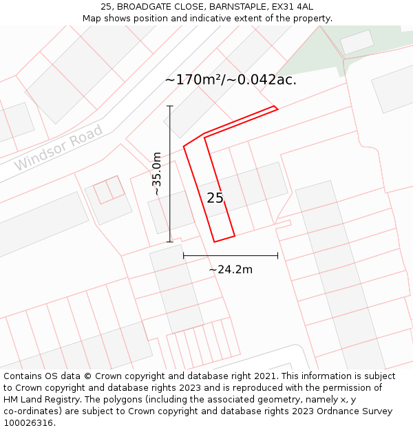 25, BROADGATE CLOSE, BARNSTAPLE, EX31 4AL: Plot and title map