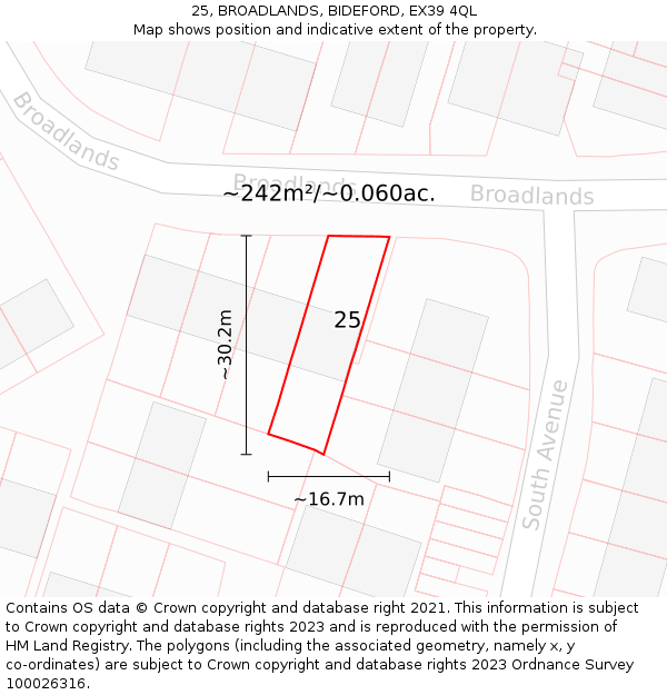 25, BROADLANDS, BIDEFORD, EX39 4QL: Plot and title map