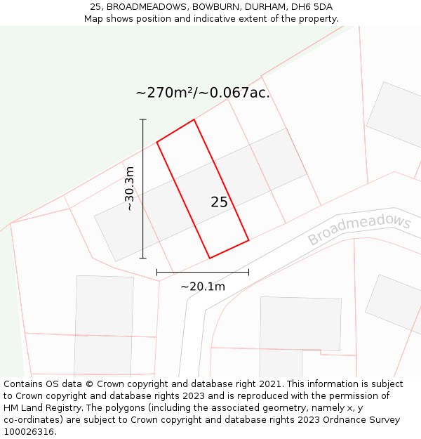 25, BROADMEADOWS, BOWBURN, DURHAM, DH6 5DA: Plot and title map